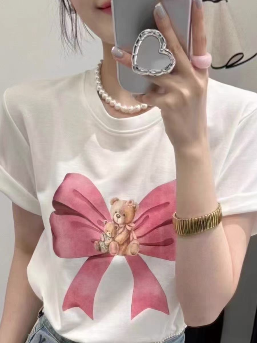 新款卡通小熊蝴蝶結3D印花T恤女百搭短袖休閒上衣顯瘦打底衫潮