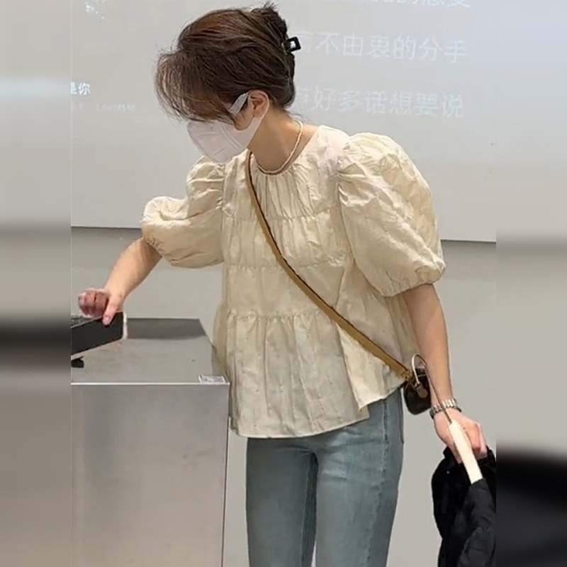 泡泡袖上衣女短袖襯衫夏季新款2024法式設計小眾雪紡別致獨特襯衣