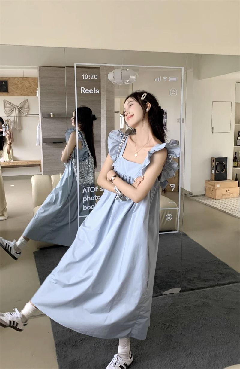 清新方領飛飛袖連衣裙女春季新款時尚蝴蝶結設計感別致藍色長裙子