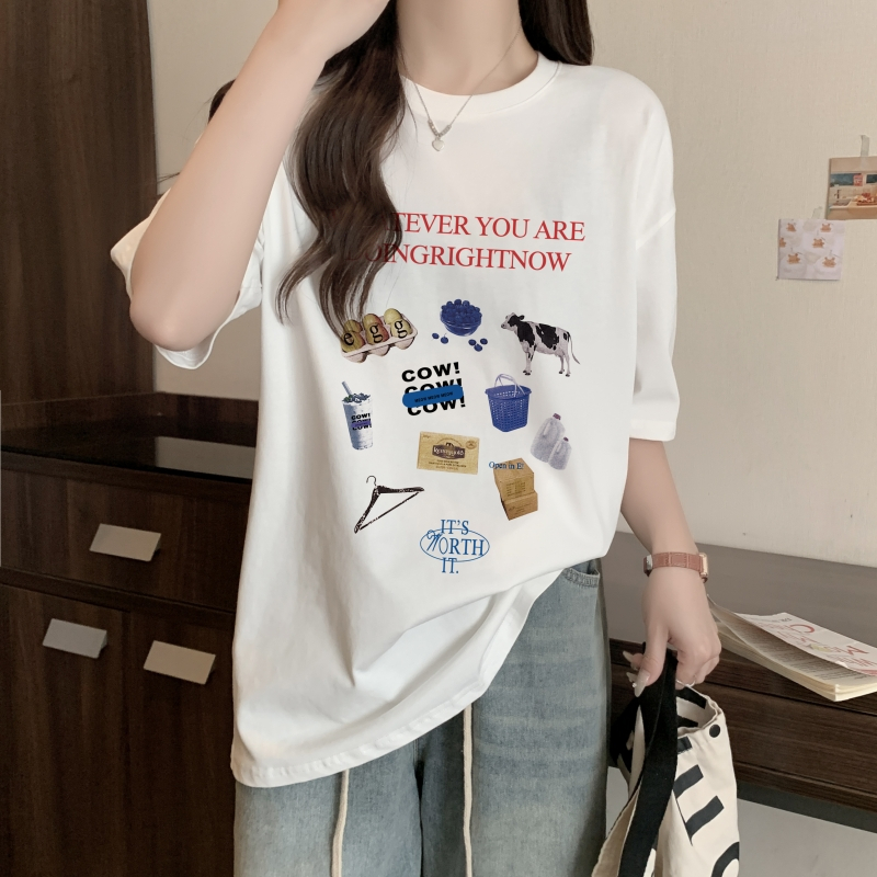 實拍 100%棉精梳純棉 印花夏裝短袖T恤女寬鬆韓版