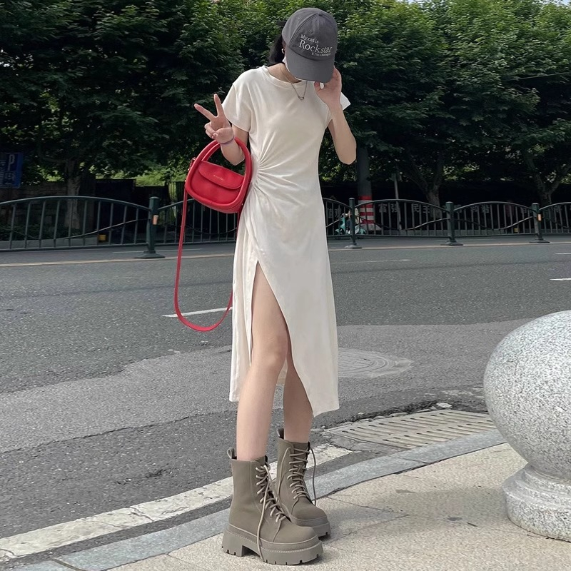 夏季2024新款開叉T恤連衣裙女