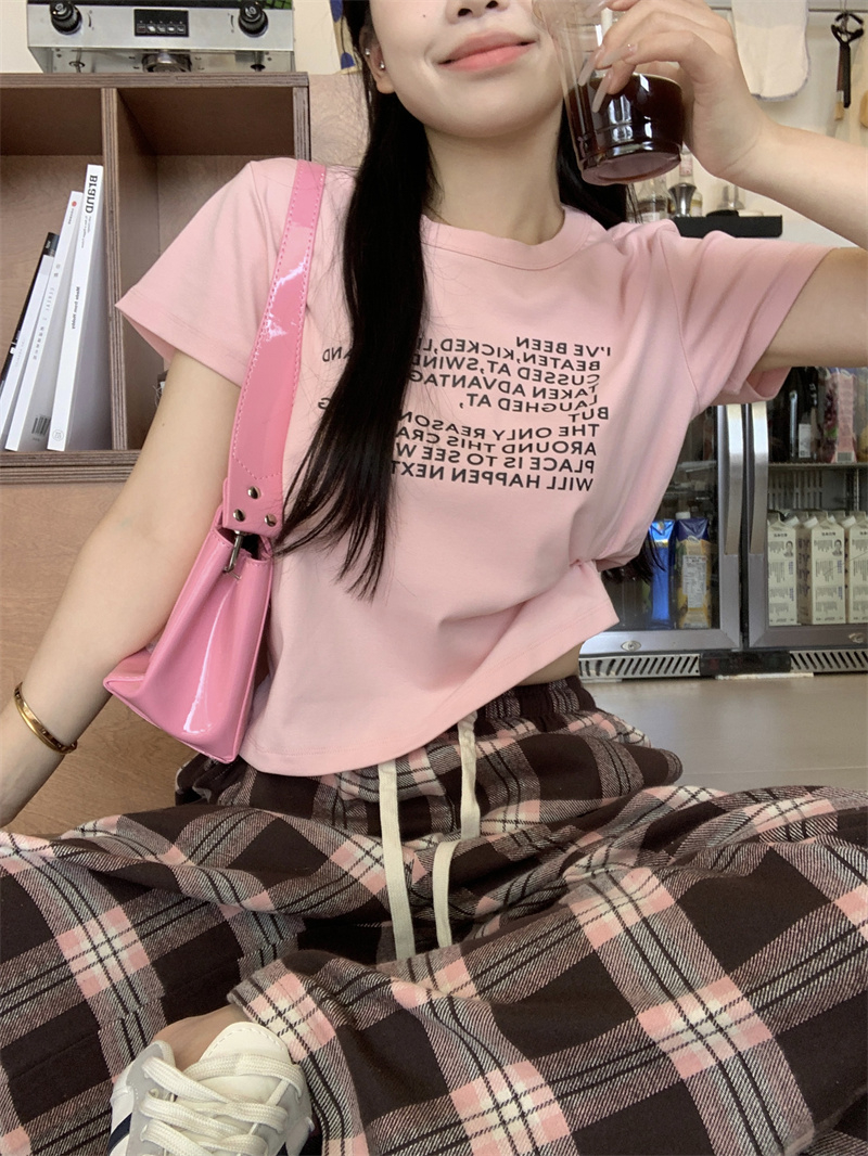 韓系減齡短袖T恤女夏季2024新款字母印花圓領套頭短款休閒上衣潮