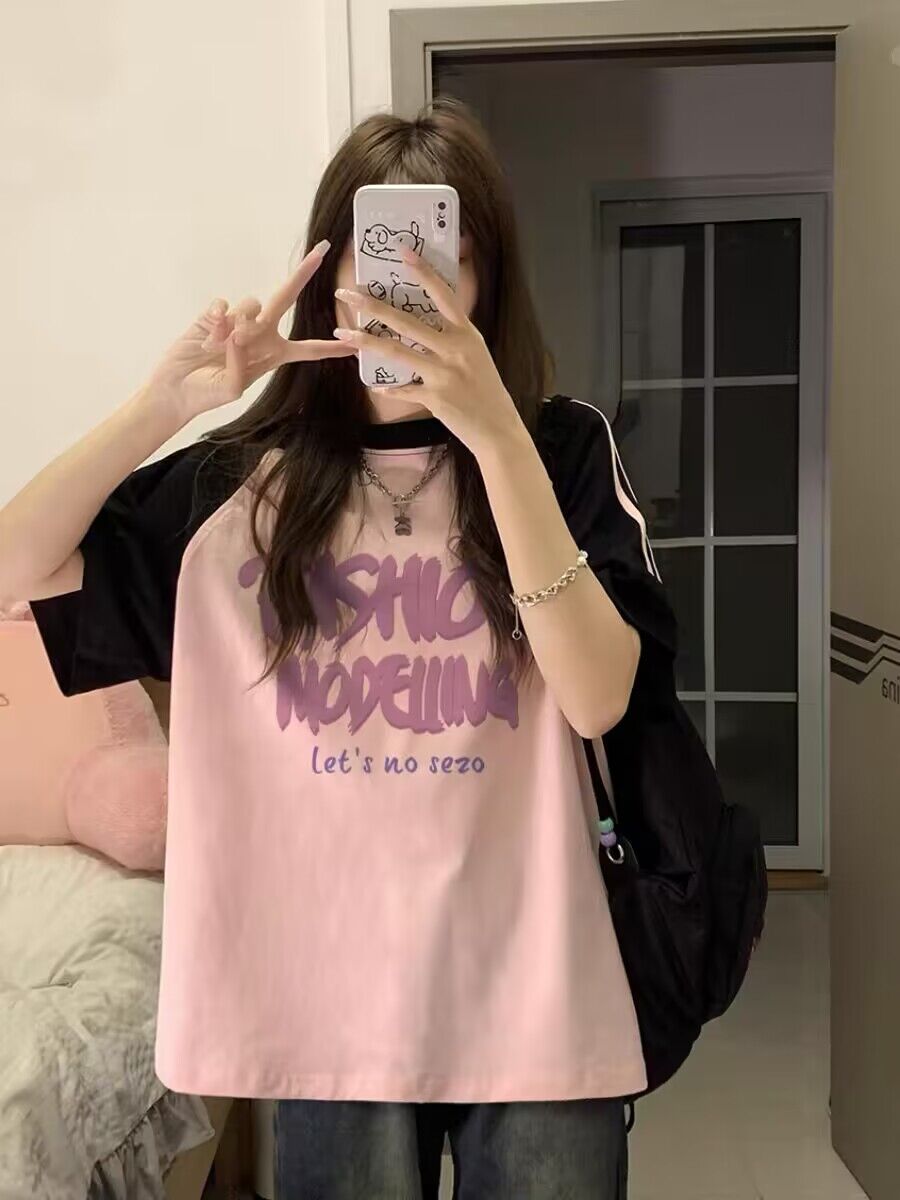 純棉 美式復古慵懶風印花寬鬆百搭短袖上衣