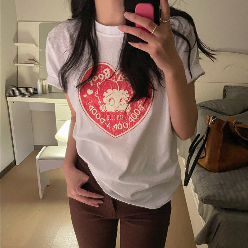 短袖t恤女寬鬆設計感愛心印花打底衫小個子短袖上衣