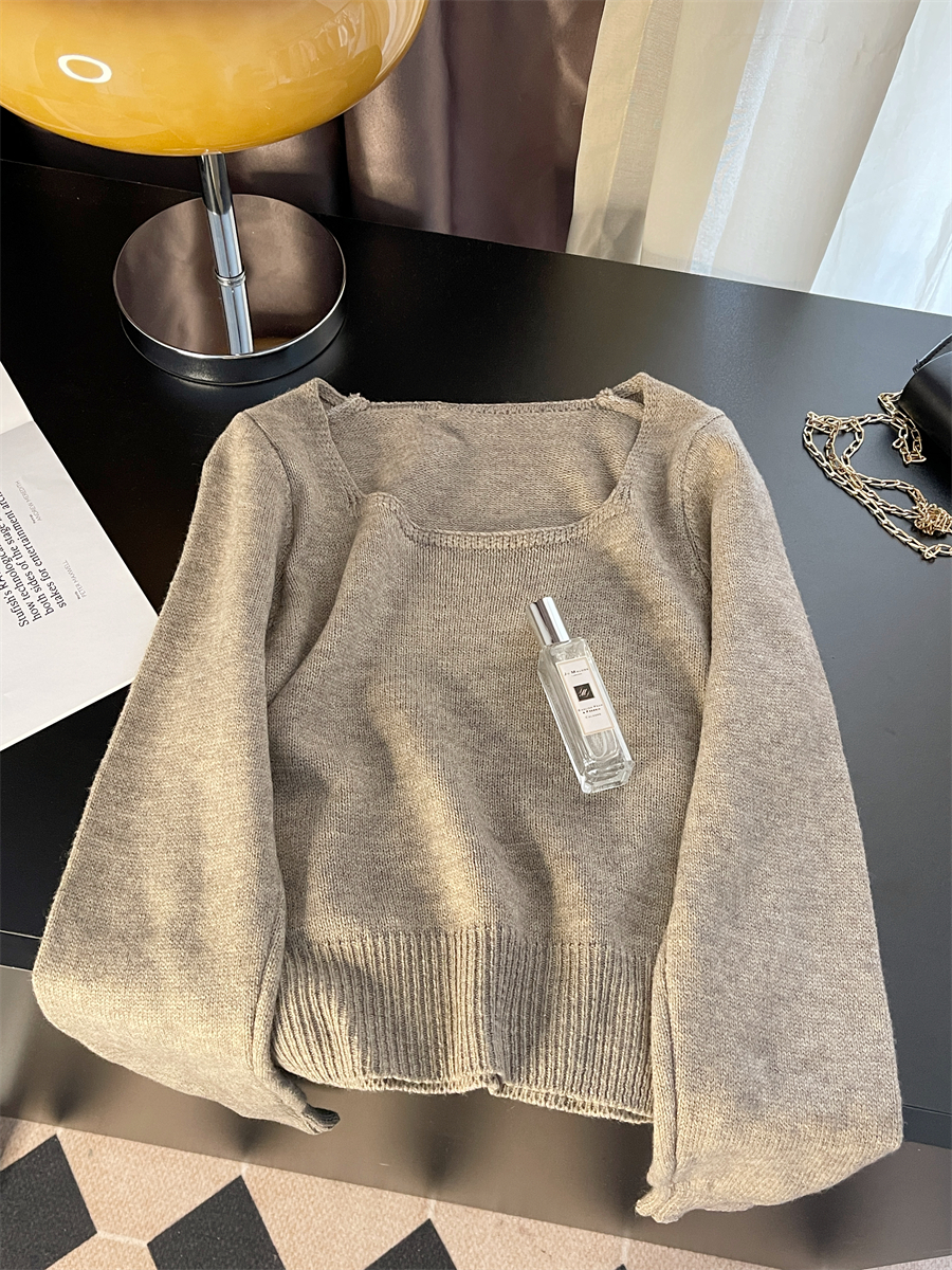 實拍方領打底衫女秋冬款法式修身顯瘦套頭短款毛衣內搭加厚針織衫