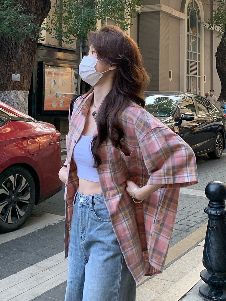 原版做工 復古撞色格子短袖襯衫女夏季寬鬆oversize情侶百搭襯衣