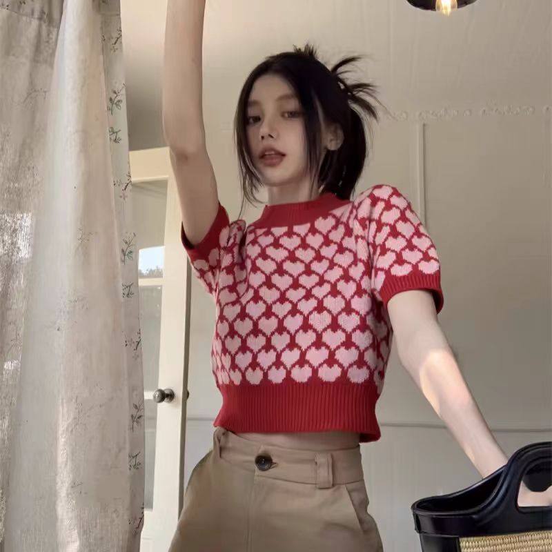 韓版設計感撞色愛心泡泡袖針織衫女夏季修身顯瘦短款辣妹套頭上衣