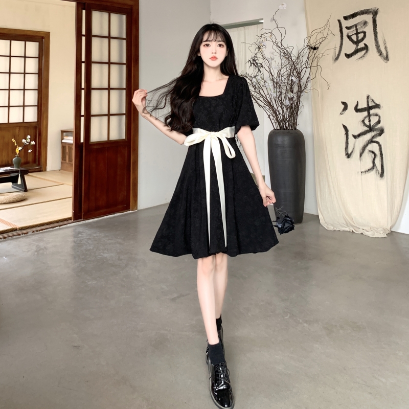 Plus size women's retro black dress summer high-end age-reducing bow strap princess dress