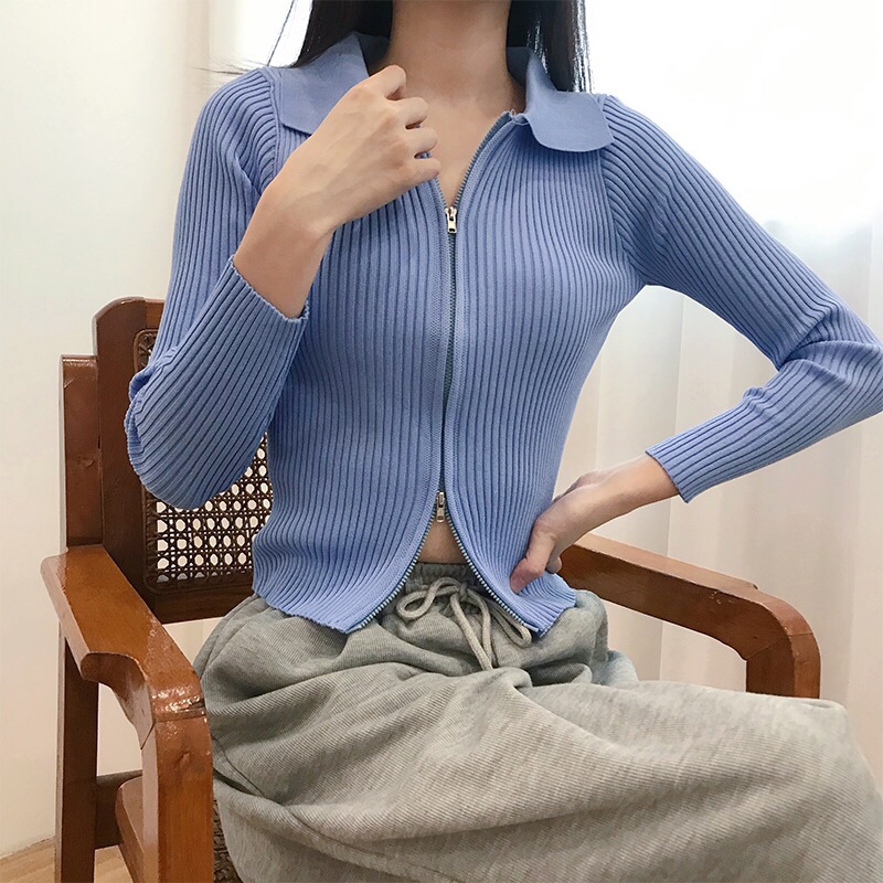 女裝針織長袖T恤2024秋冬打底衫拉鏈開衫修身短款上衣設計感小眾