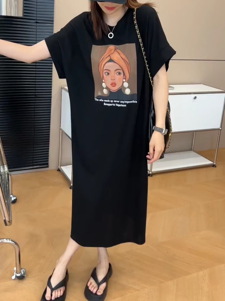 圓領寬鬆正肩連衣裙微胖mm夏季遮肉顯瘦短袖長裙子