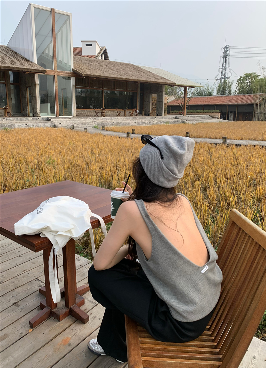 實拍 大露背毛織背心小眾寬鬆無袖辣妹打底春夏疊穿上衣