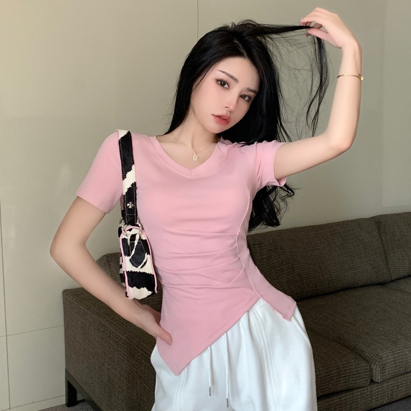 Actual shot of 2024 new summer style simple and versatile V-neck waist slit design pure cotton short-sleeved T-shirt careful machine tops for women