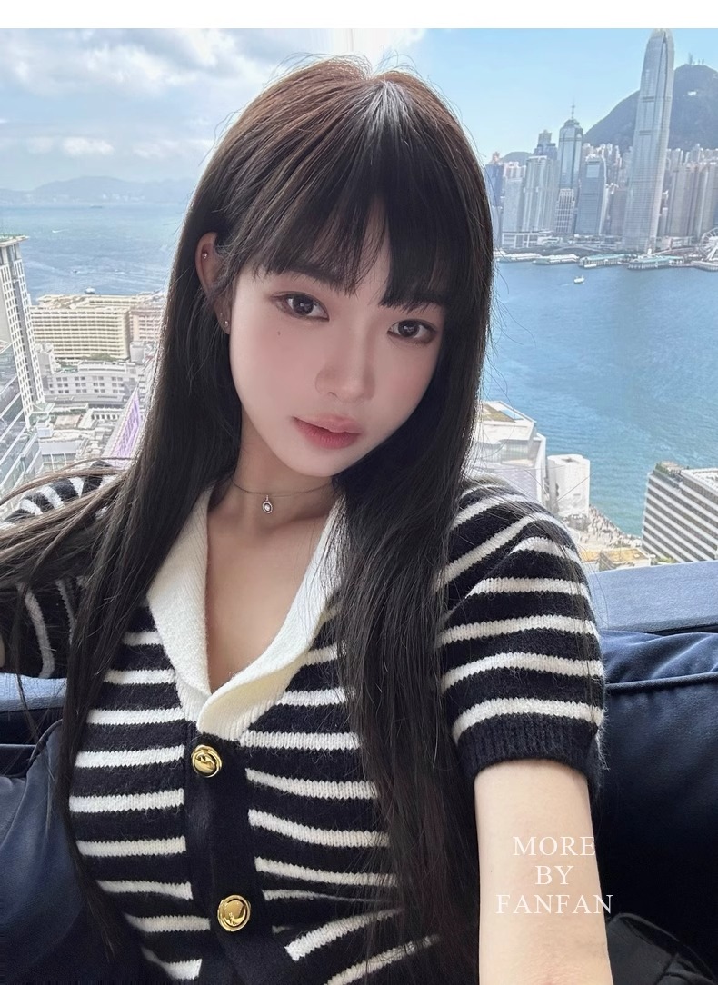 早安樊樊 復古海軍領針織短袖簡約黑白條紋減齡短款小上衣女早春