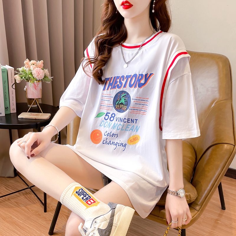 實拍 2024新款夏季韓版寬鬆大版假兩件短袖T恤女