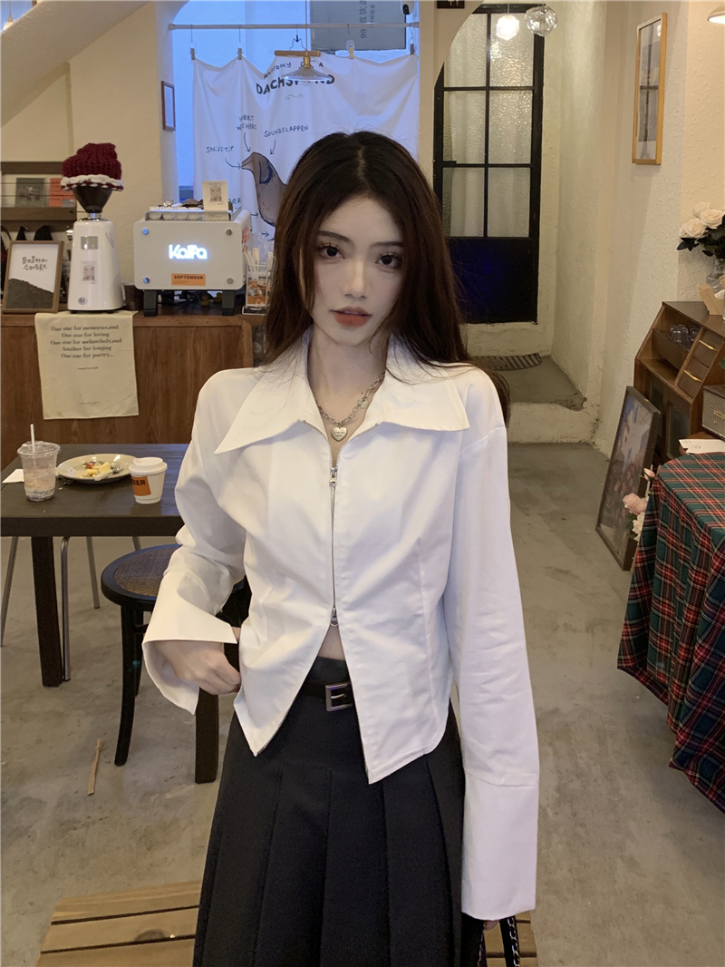 純欲風雙頭拉鏈polo領長袖襯衫女春秋新款白色修身短款上衣潮