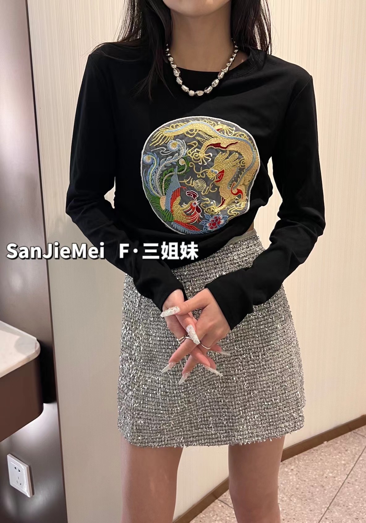 2024春夏新款新中式國風刺繡長袖T恤小個子潮