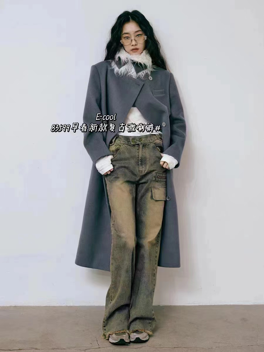 復古工裝毛邊牛仔褲女2024新款高腰寬鬆直筒顯瘦闊腿拖地褲子