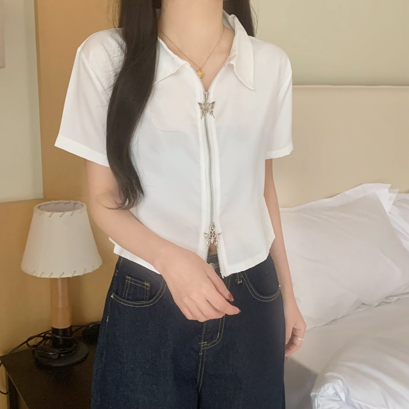實拍 2024新款小眾設計感拉鏈短款甜辣上衣修身短袖襯衫女ins潮