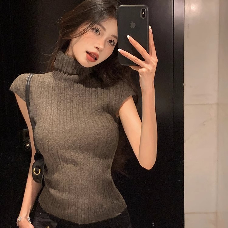已出貨 灰色高領針織衫女夏修身緊身短袖內搭毛衣打底衫短款上衣