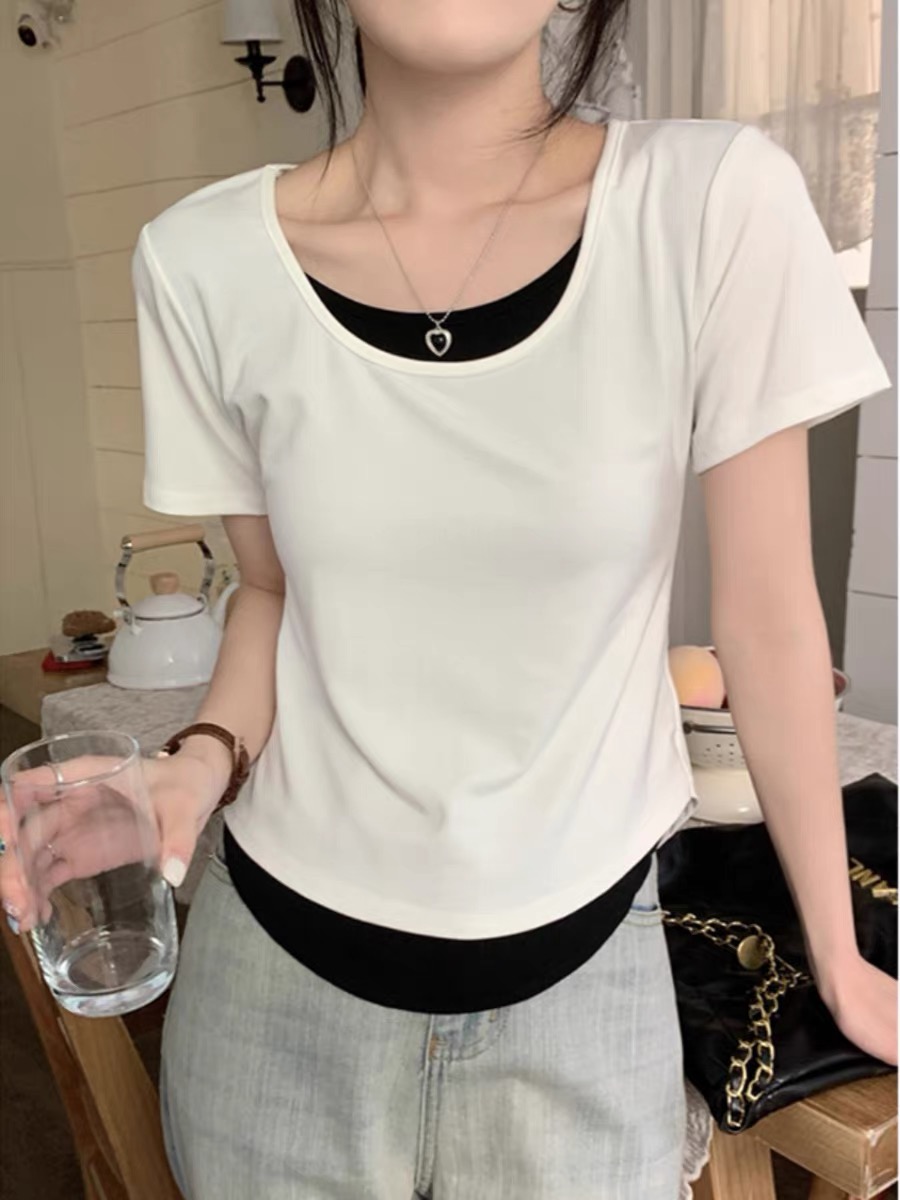 2024春夏撞色假兩件設計感百搭純棉短袖T恤女獨特别致不規則上衣