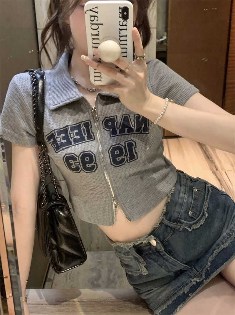 美式復古字母短袖T恤女夏季ins潮拉鏈翻領設計感小眾修身短款上衣