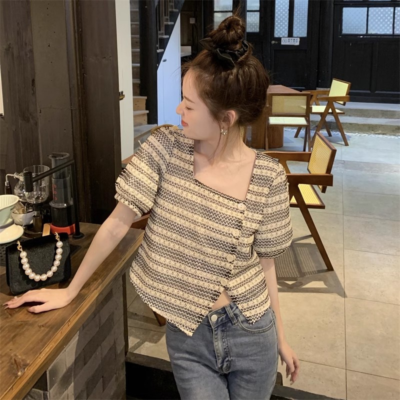 大碼女裝設計感方領短袖襯衫夏季新款胖mm小眾別致上衣