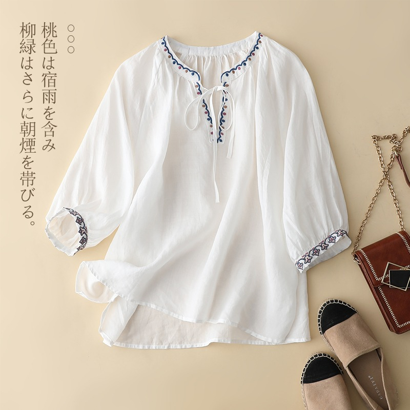 ***棉麻刺繡V領七分袖襯衫女舒適柔軟襯衣新款領口系帶夏季上衣