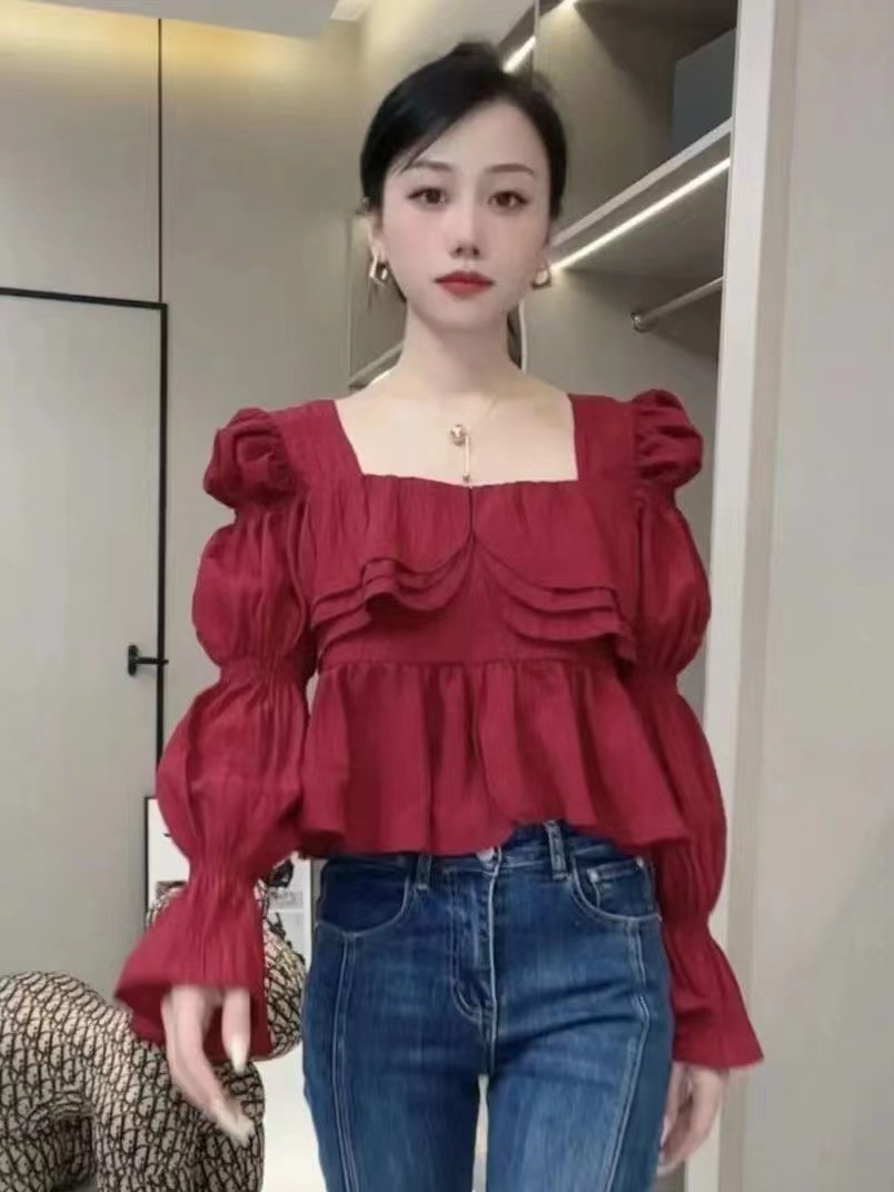 荷葉邊方領長袖襯衫女春秋季氣質泡泡喇叭袖小眾短款上衣
