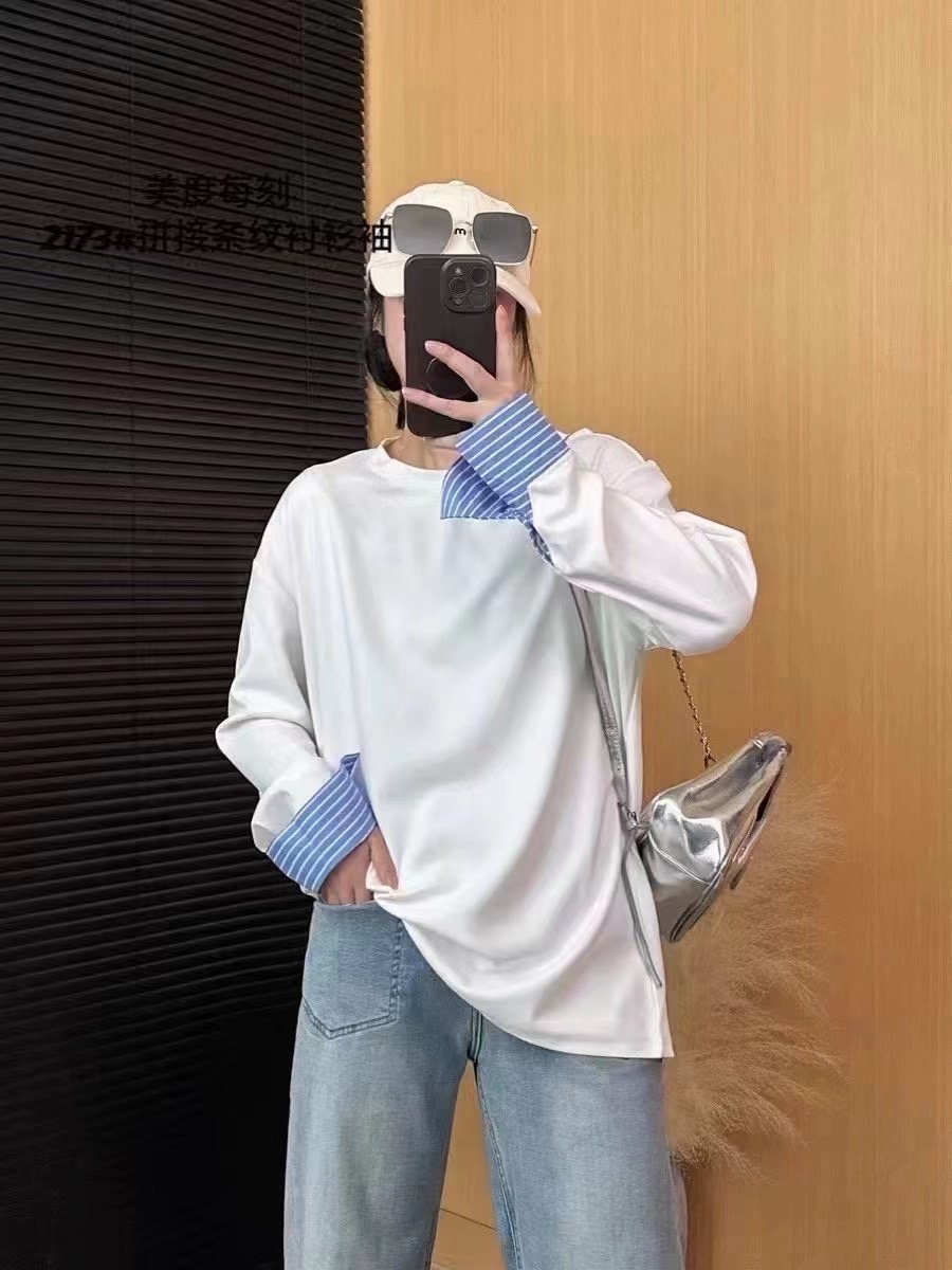 韓版簡約時尚拼接條紋袖口設計T恤2024慵懶風打底上衣女