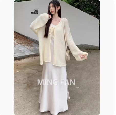 2024年春季新款女裝簡約綢緞吊帶連衣裙寬鬆綁帶針織開衫兩件套裝
