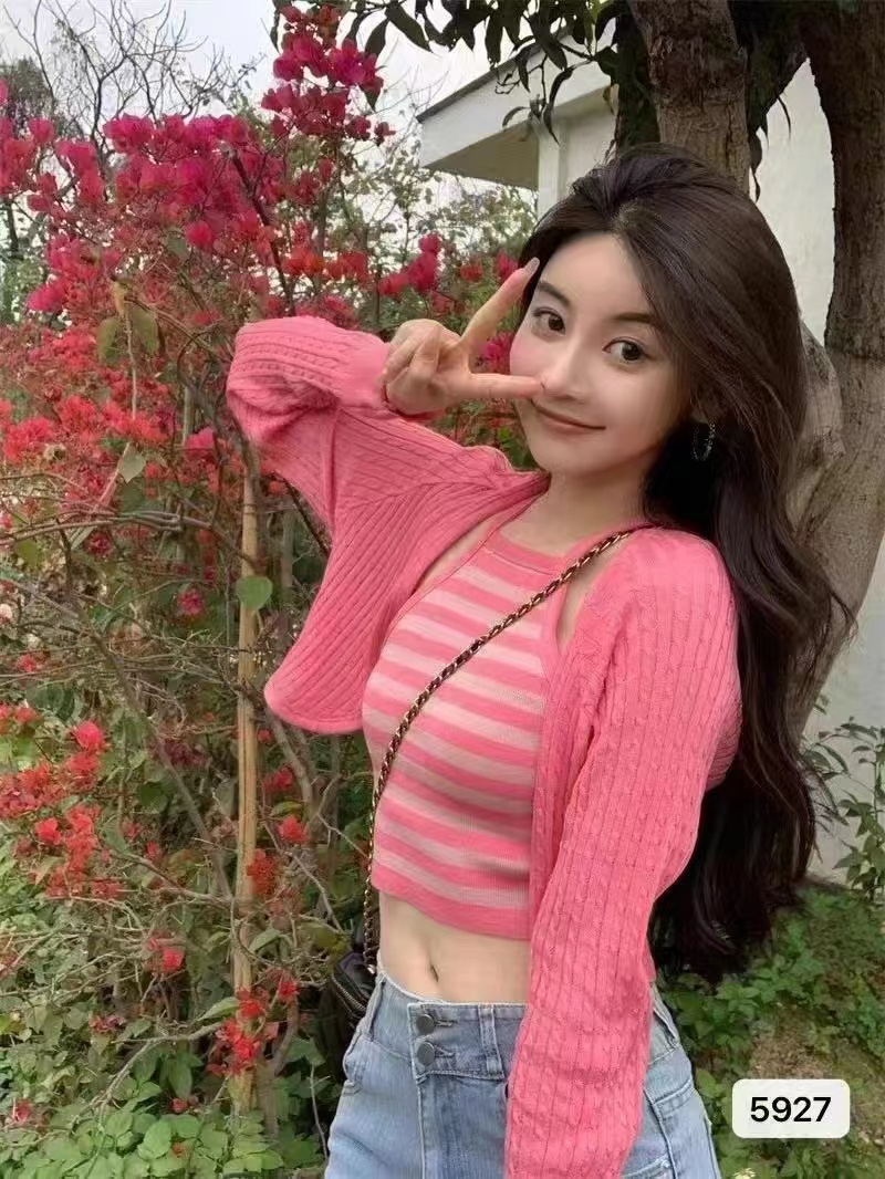 韓版東大門時髦精ins潮條紋背心配淨色開衫短款顯瘦小清新少女減