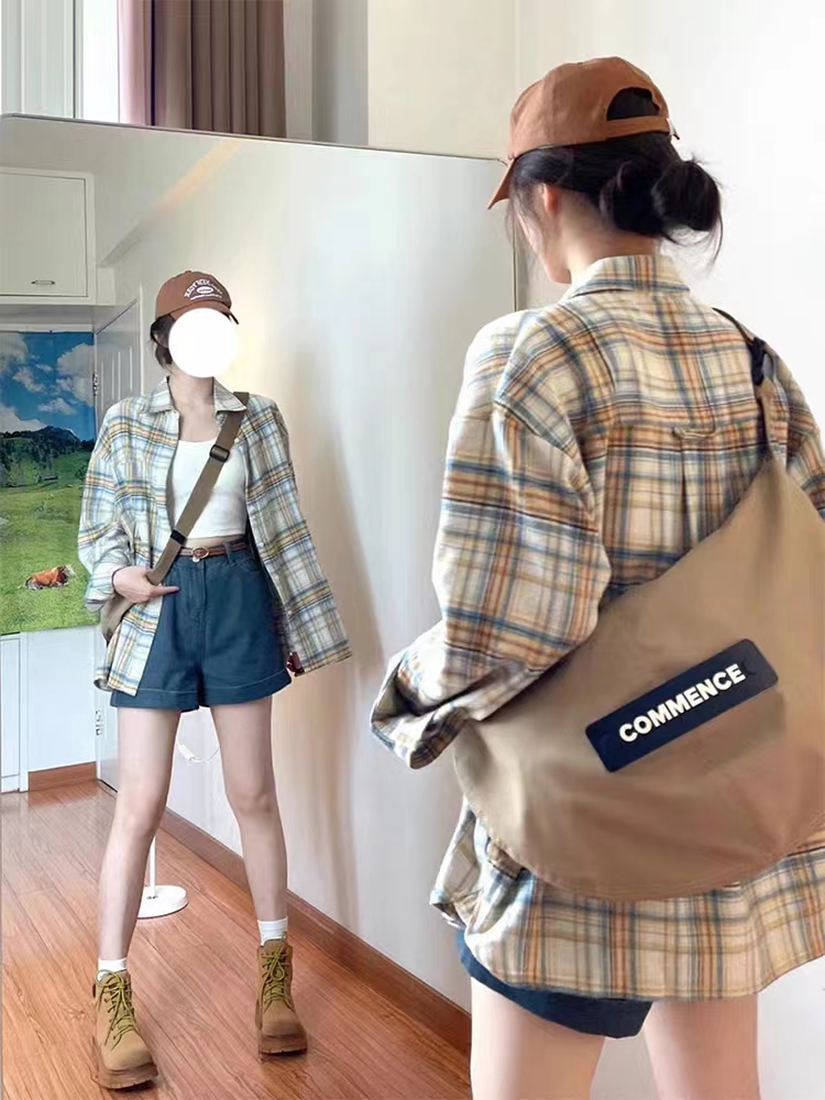 美式復古格子襯衫外套女2024春夏新款設計感小眾防曬襯衣