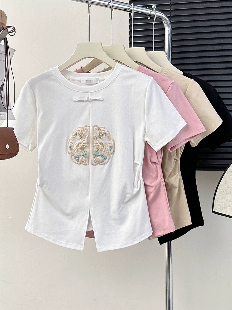 新中式國風盤扣刺繡短袖t恤女2024新款夏季修身顯瘦短款圓領上衣
