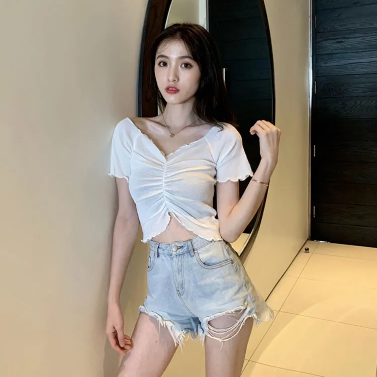 夏季新款修身性感一字露肩深V褶皺t恤女ins心機露臍超短款上衣服