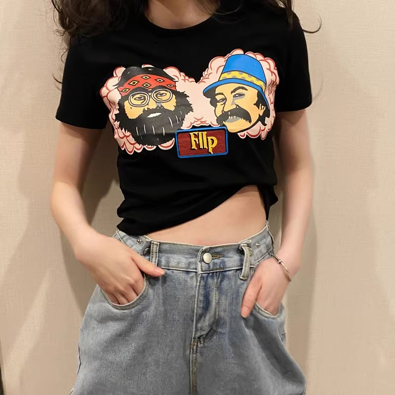 短款美式復古印花短袖T恤女夏季新款少女修身顯瘦上衣