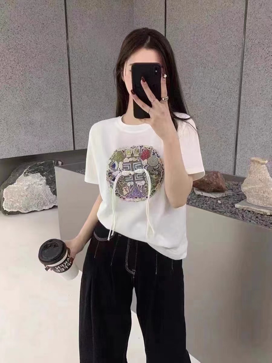 新中式重工刺繡龍騰流蘇盤扣短袖t恤女寬鬆夏季新款復古半袖上衣