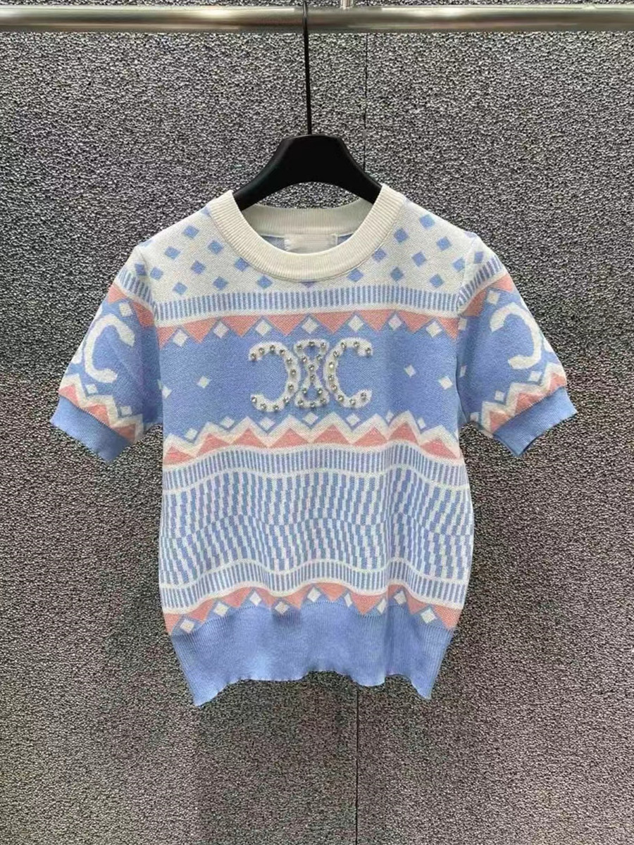 24ss 春夏新款女裝凱旋門減齡氣質字母彩色條紋小眾套頭毛衣短