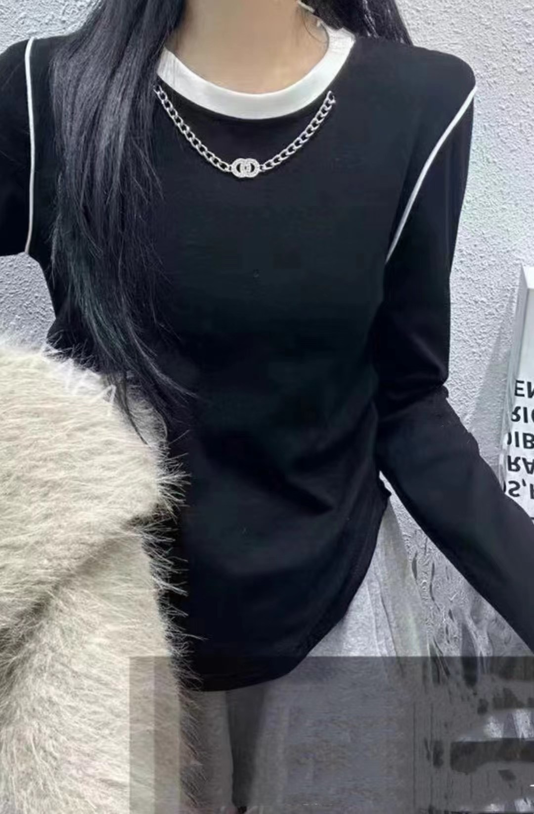 美式酷鹽風鏈條撞色長袖T恤女2024春季新款時尚修身氣質顯腰上衣