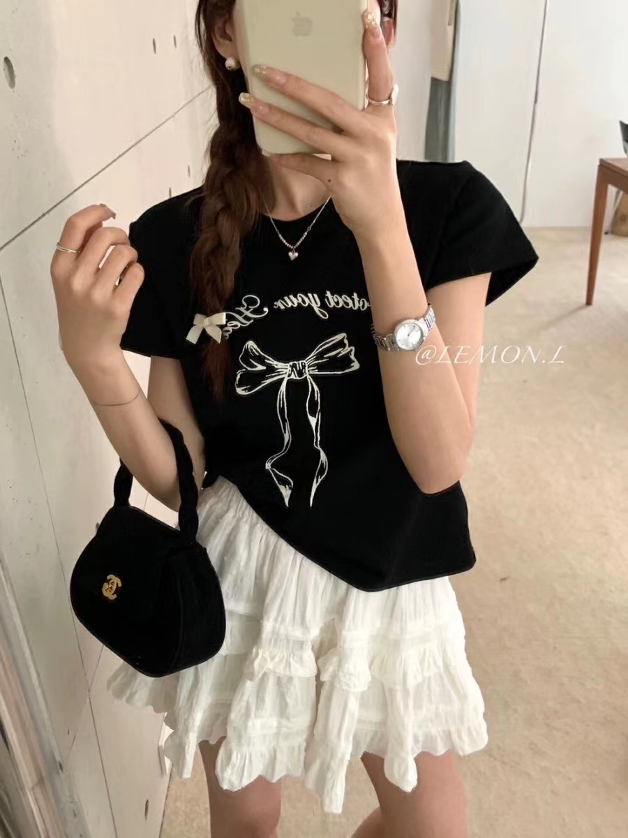蝴蝶結字母印花T恤女春夏韓版新款領口簡約短袖上衣