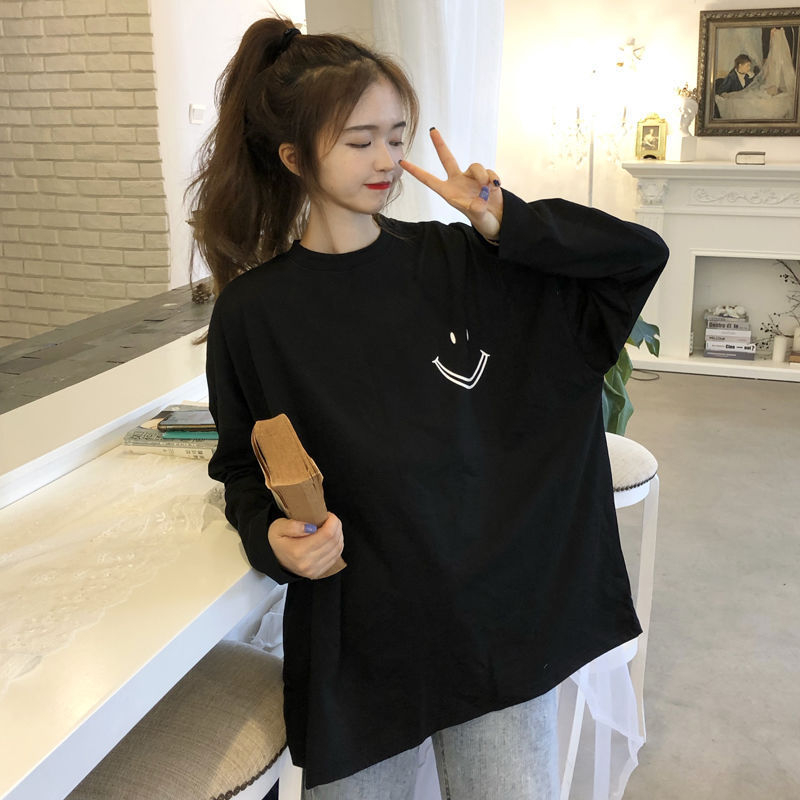 長袖t恤女秋季韓版笑臉印花圓領寬鬆女士外貿打底衫學生上衣