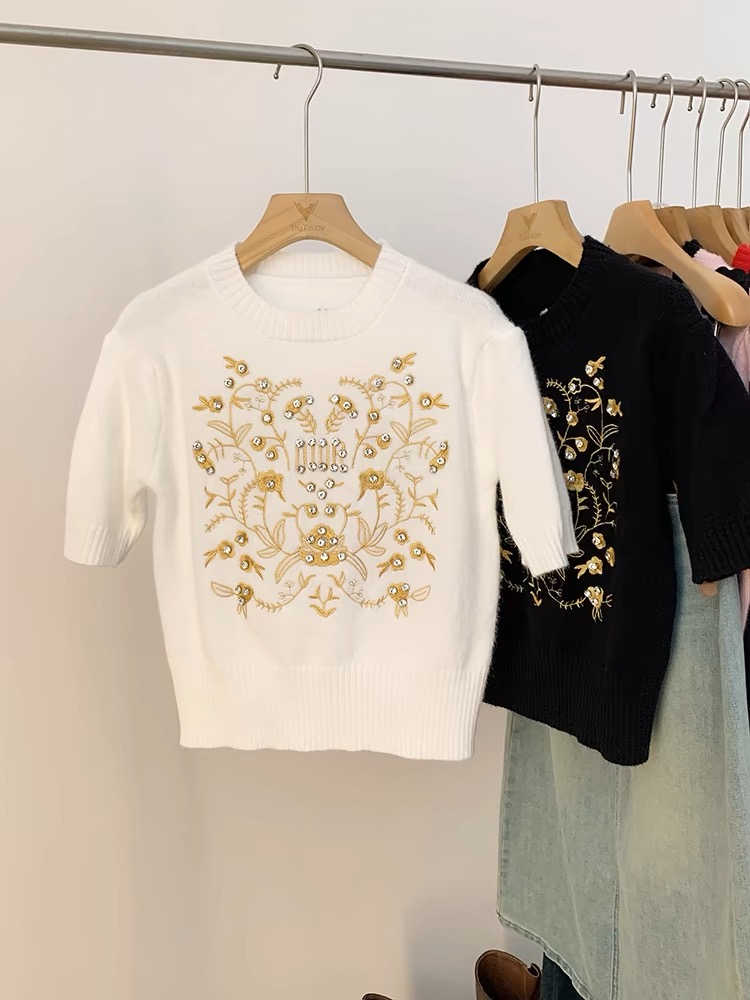 重工釘珠刺繡花短袖針織衫女2024年早春新款圓領半袖毛衣打底上衣