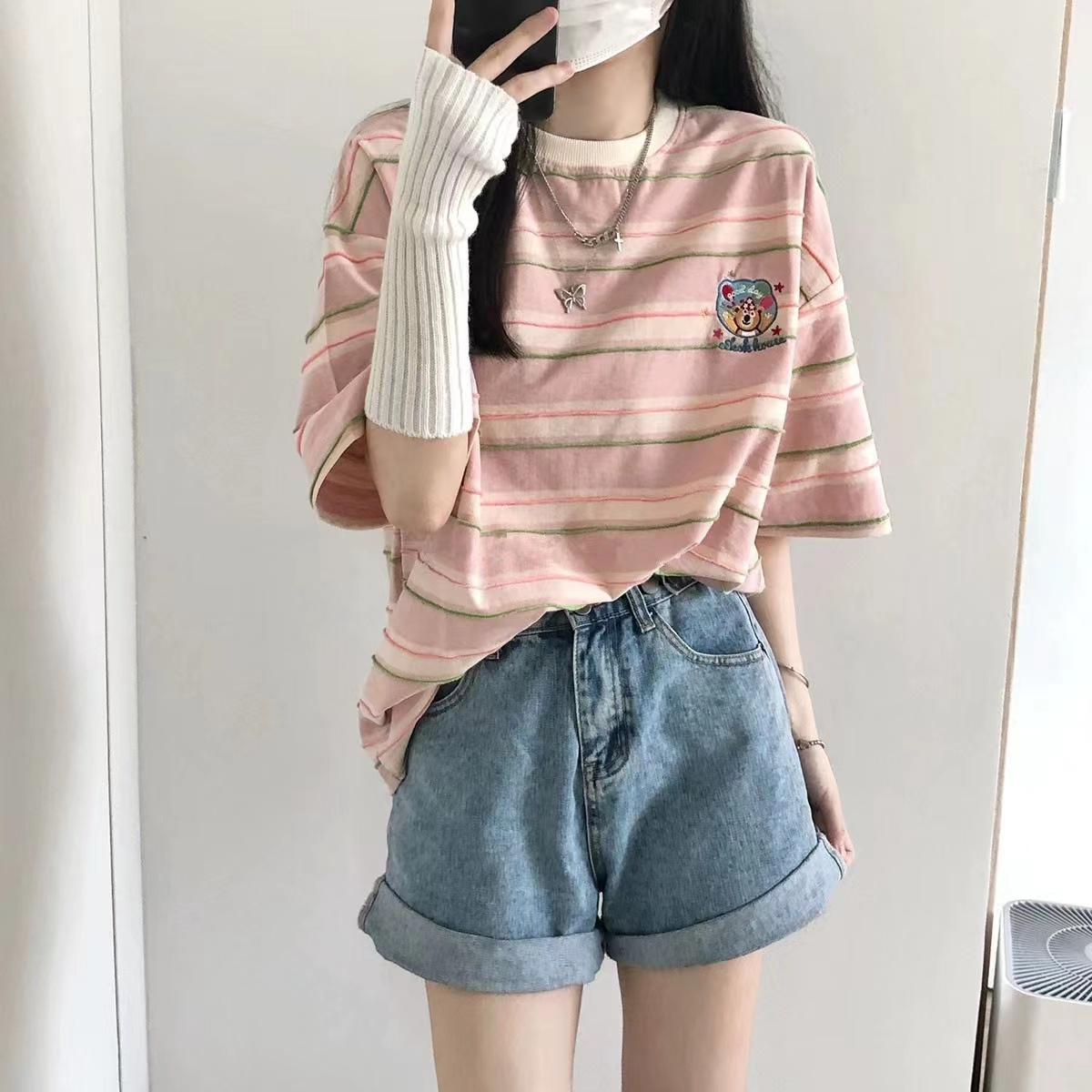 原版布料官方粉色條紋刺繡t恤女洋氣減齡上衣短袖女