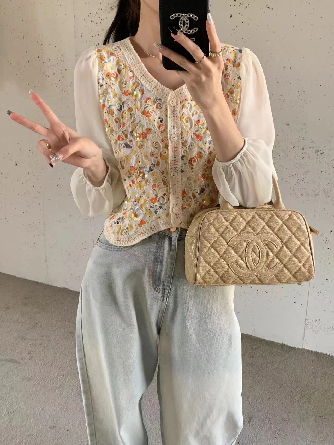 別致獨特刺繡勾花拼接雪紡長袖襯衫女春秋2024新款小個子短款上衣