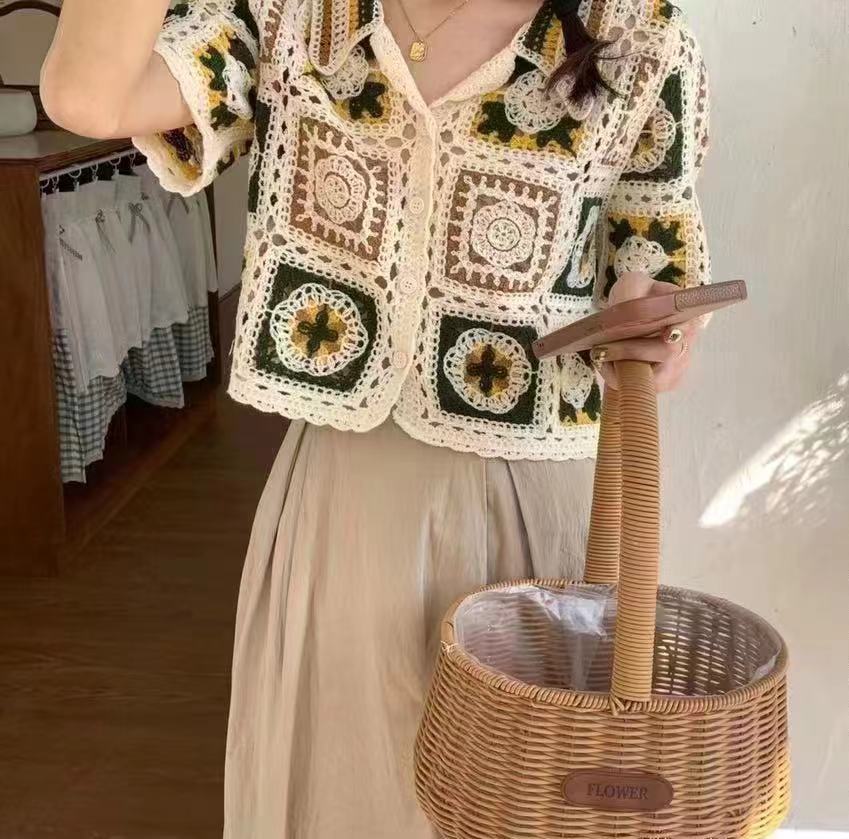 春夏設計感復古小眾鈎花鏤空流蘇短袖女新短款上衣