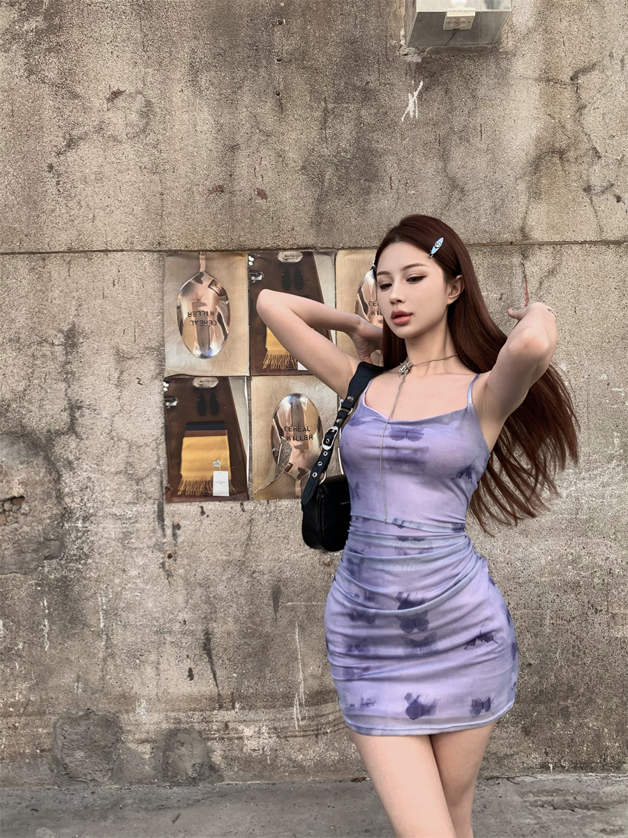 實拍 夢境蝴蝶 彈力網紗女明星蝴蝶印花抽褶設計吊帶裙