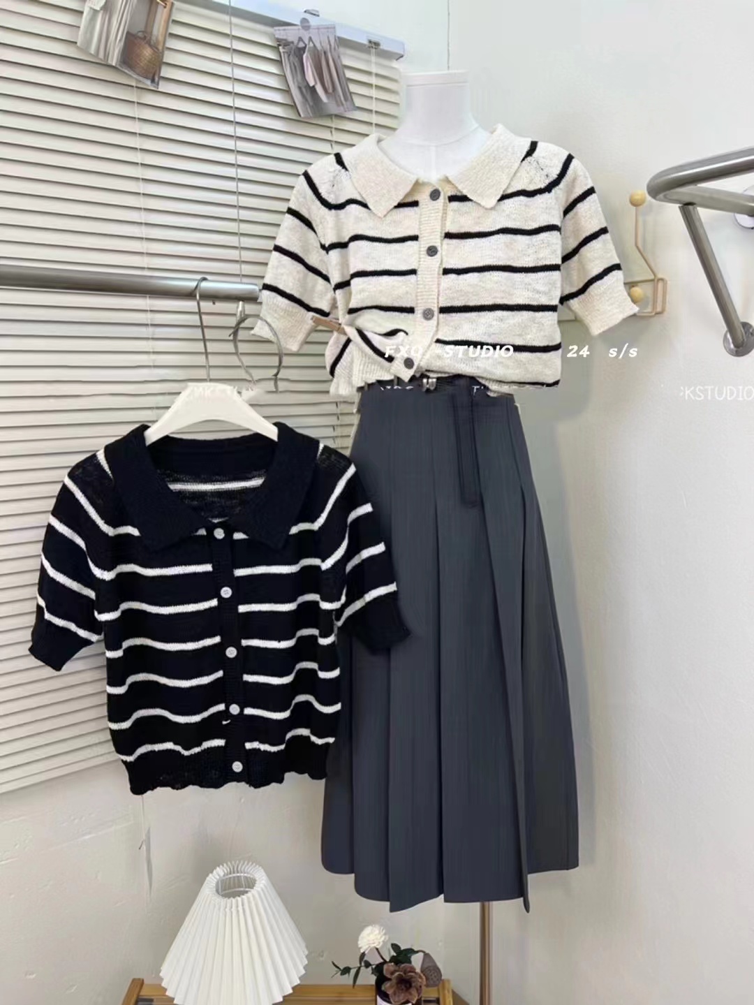 BB Korean style real shot polo collar striped ramie knitted beaded pullover sweater new style gentle style single wear