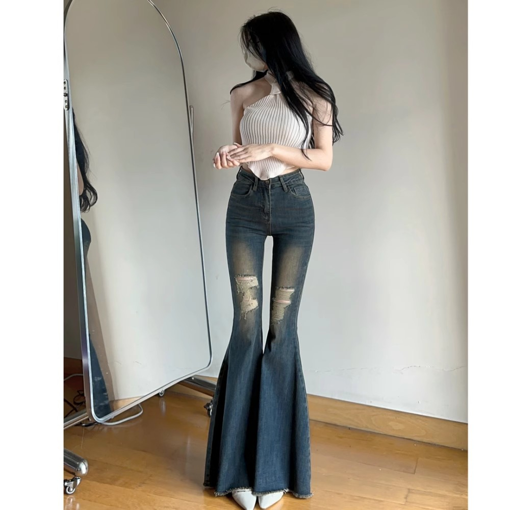 港風復古夏季新款高腰彈力修身大喇叭拖地褲破洞小個子辣妹牛仔褲