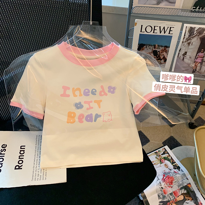 INEEDIT 夏季2024新款字母logo印花馬卡龍撞色短款T恤甜美半袖女
