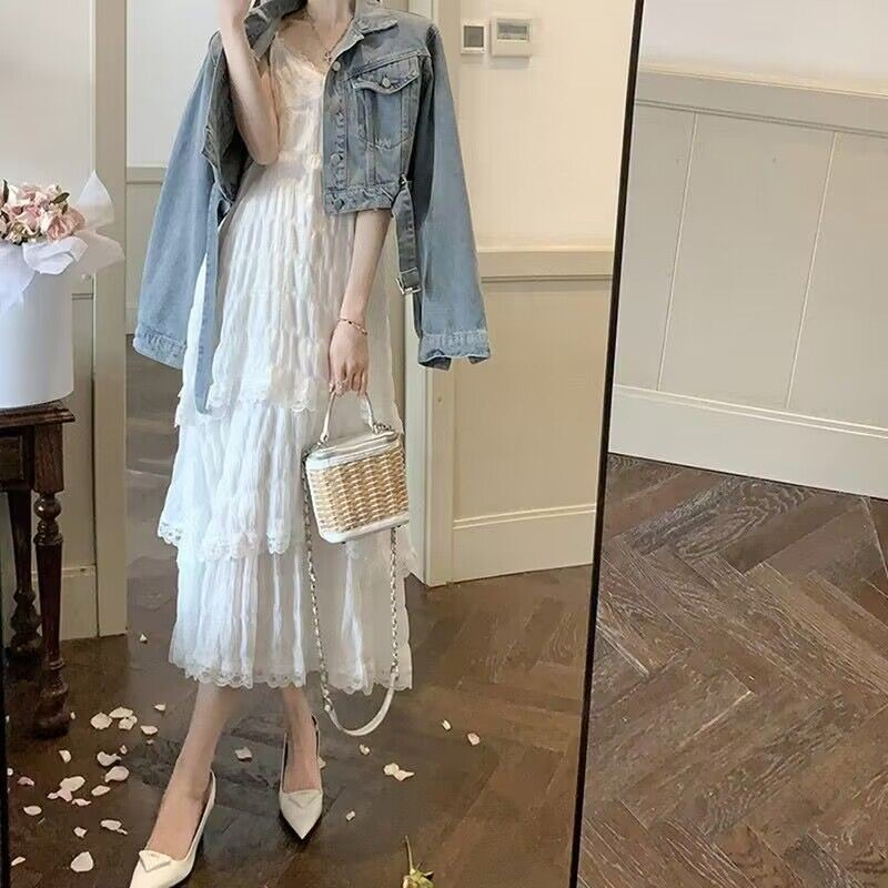 法式純欲風V領吊帶連衣裙沙灘裙超仙海邊度假氣質甜美蛋糕裙