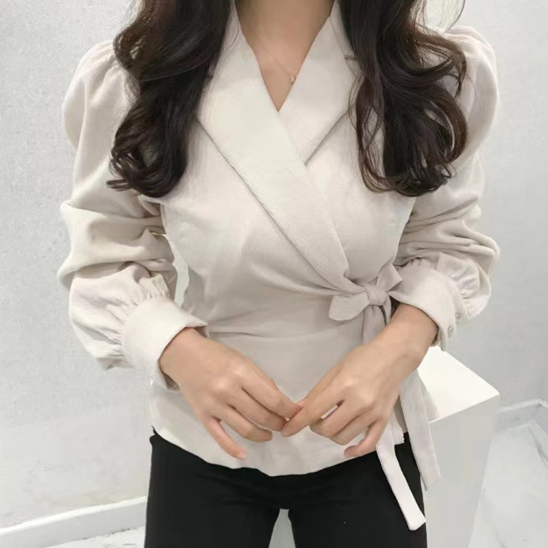 2024春秋上衣設計感小眾韓系方領泡泡長袖綁帶顯瘦氣質襯衣女